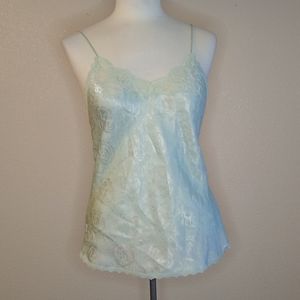 Vintage seafoam rose pattern jacquard silky camisole lace size s/m guc